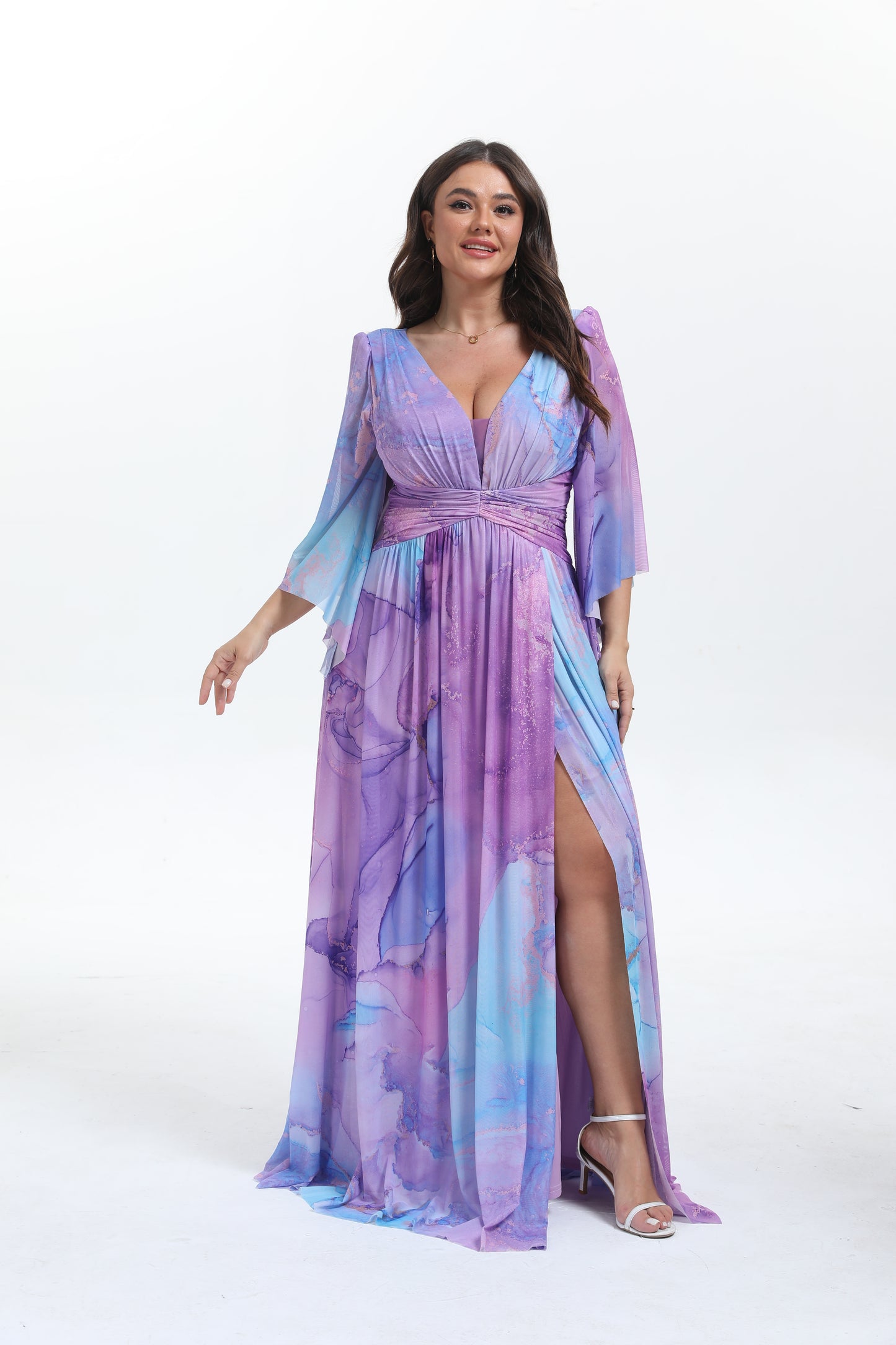 Faro - Robe maxi grande taille imprimée élégante et tendance à manche longue évasée