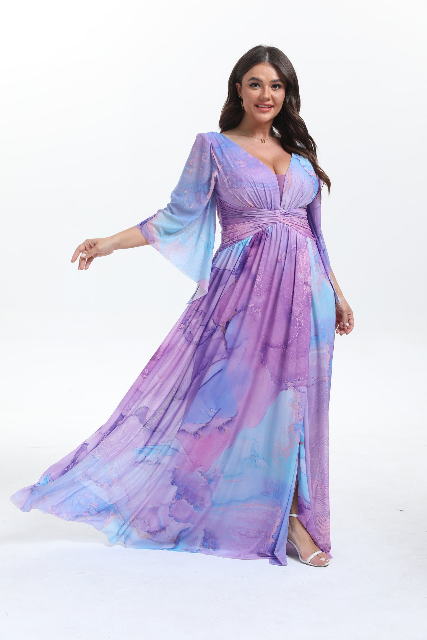 Faro - Robe maxi grande taille imprimée élégante et tendance à manche longue évasée