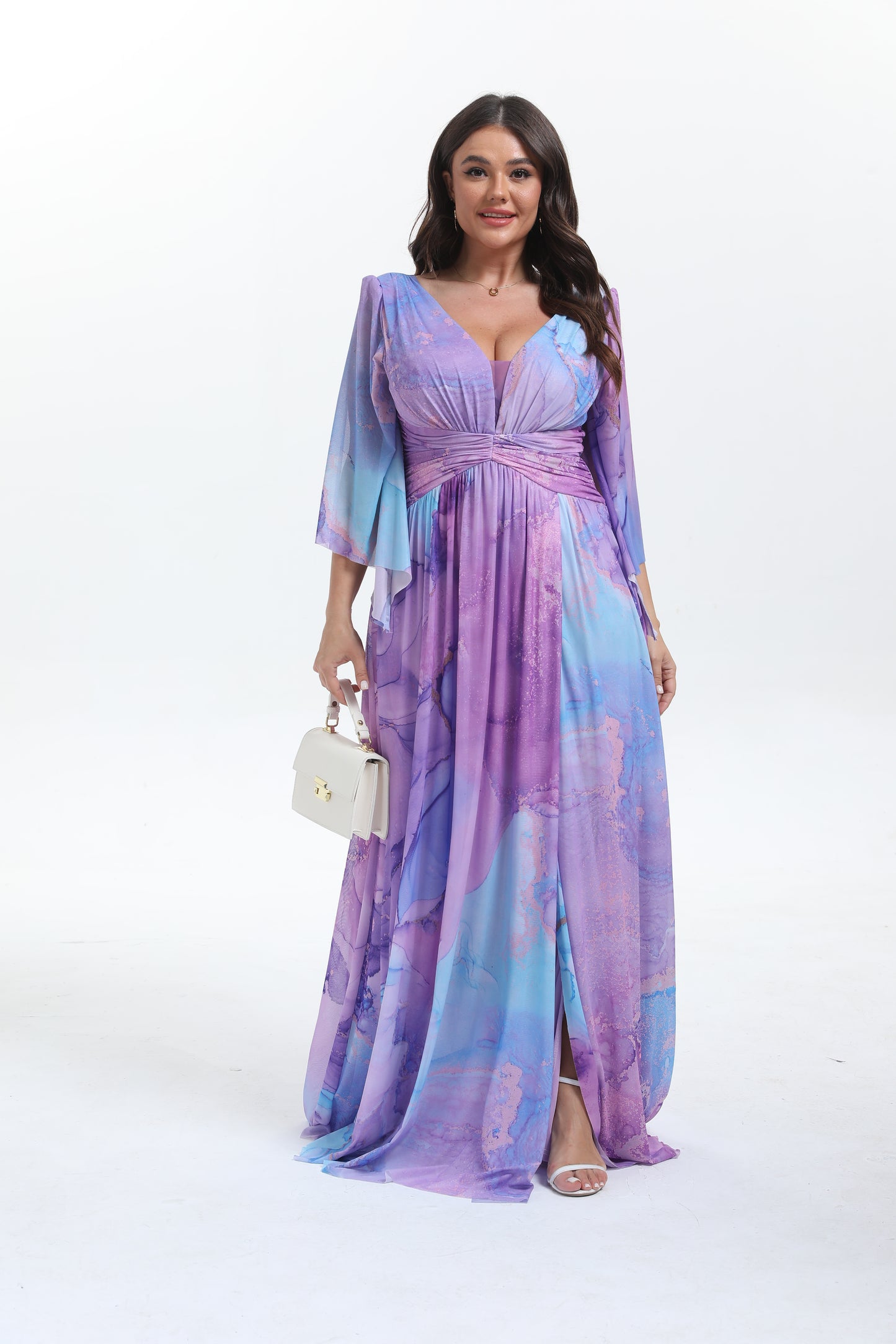 Faro - Robe maxi grande taille imprimée élégante et tendance à manche longue évasée