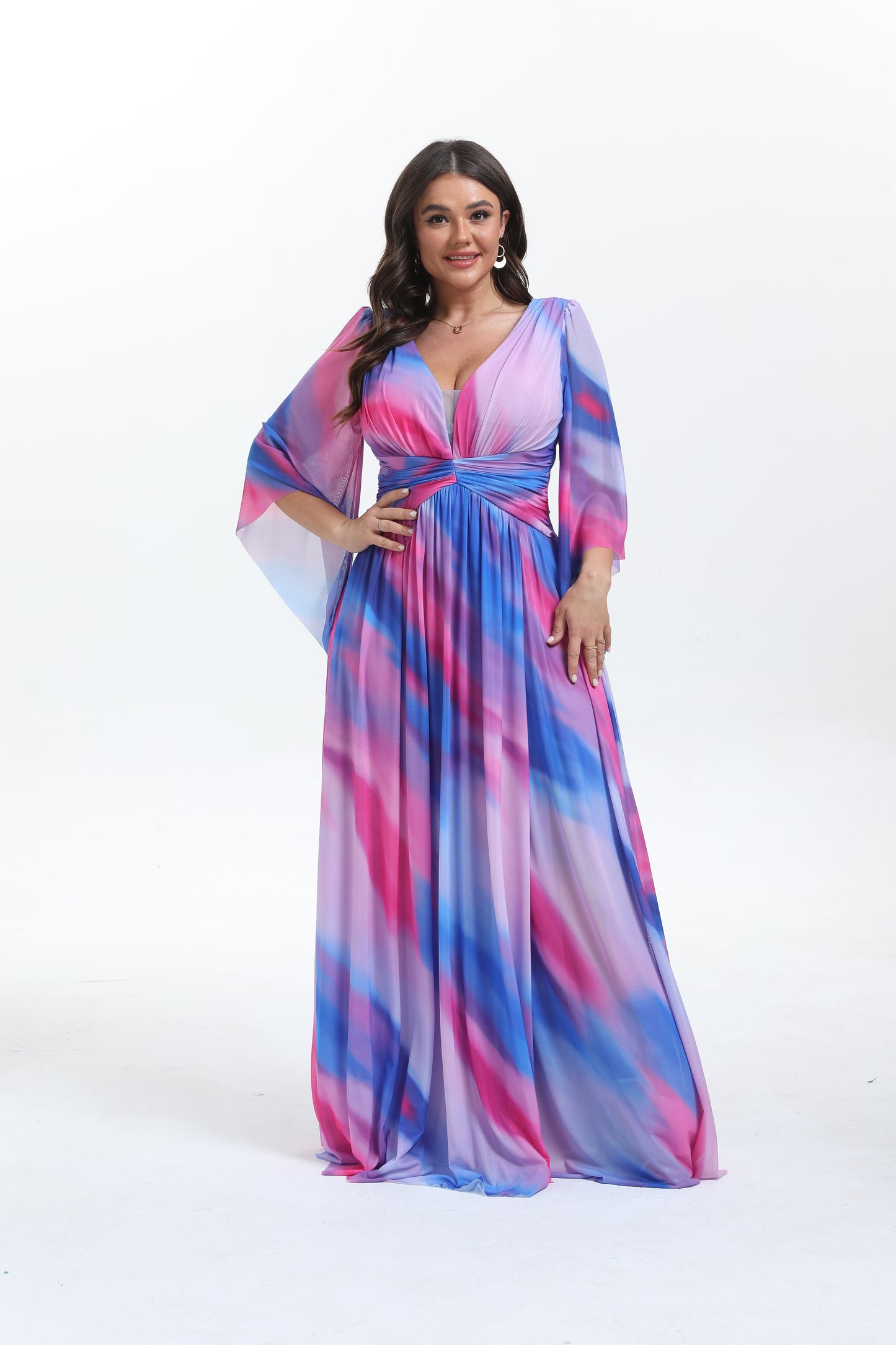 Faro - Robe maxi grande taille imprimée élégante et tendance à manche longue évasée