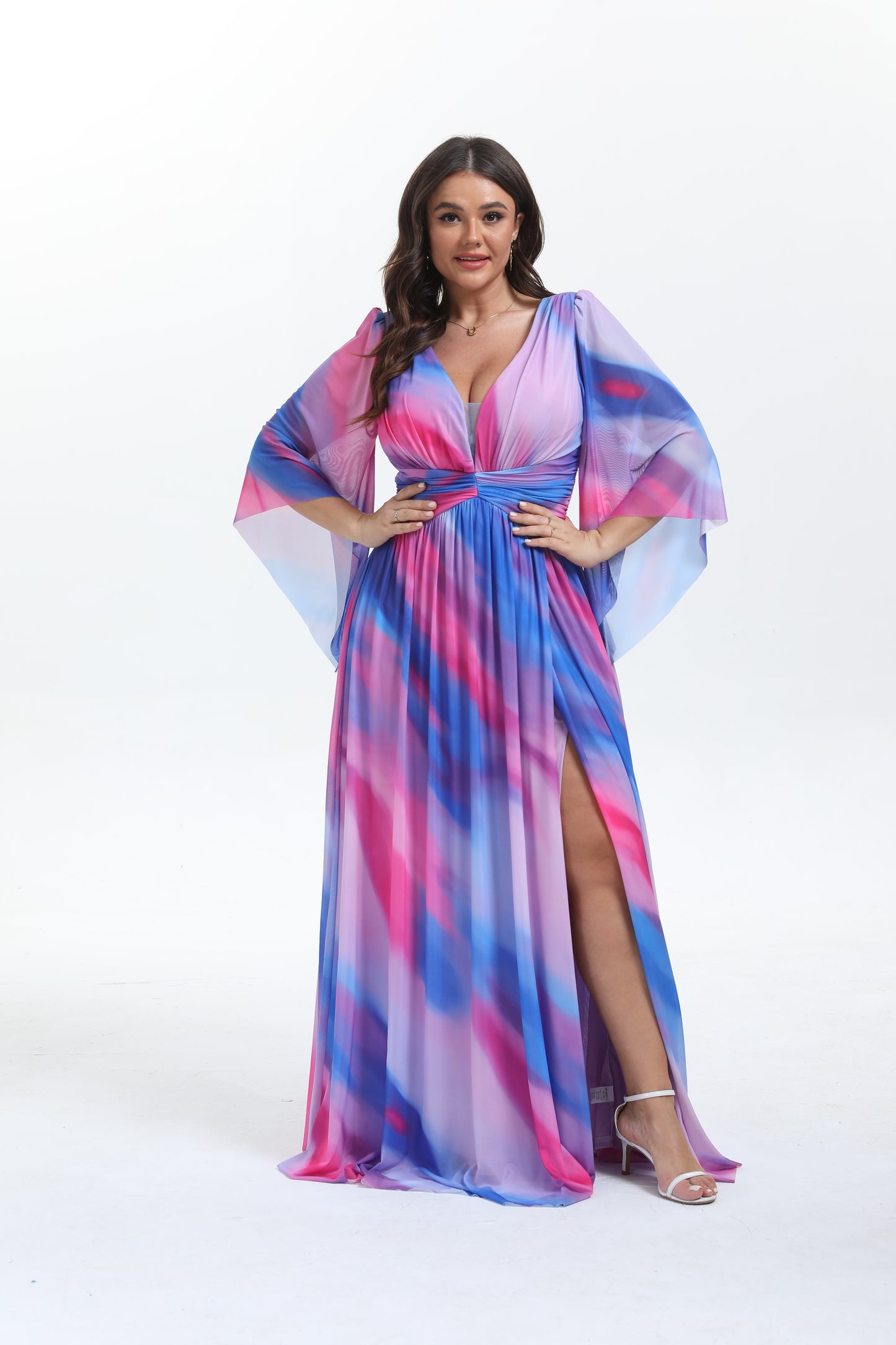 Faro - Robe maxi grande taille imprimée élégante et tendance à manche longue évasée