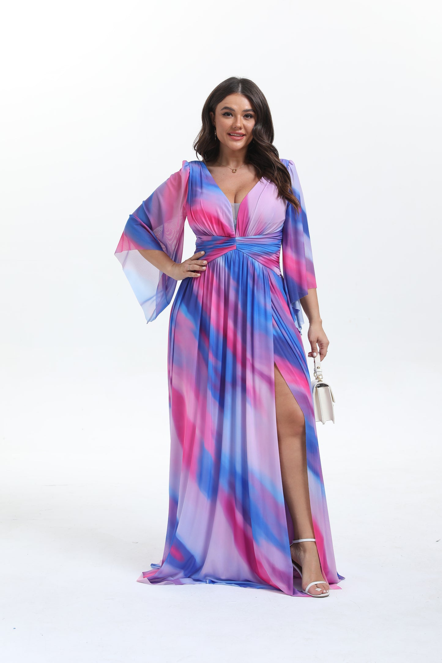Faro - Robe maxi grande taille imprimée élégante et tendance à manche longue évasée