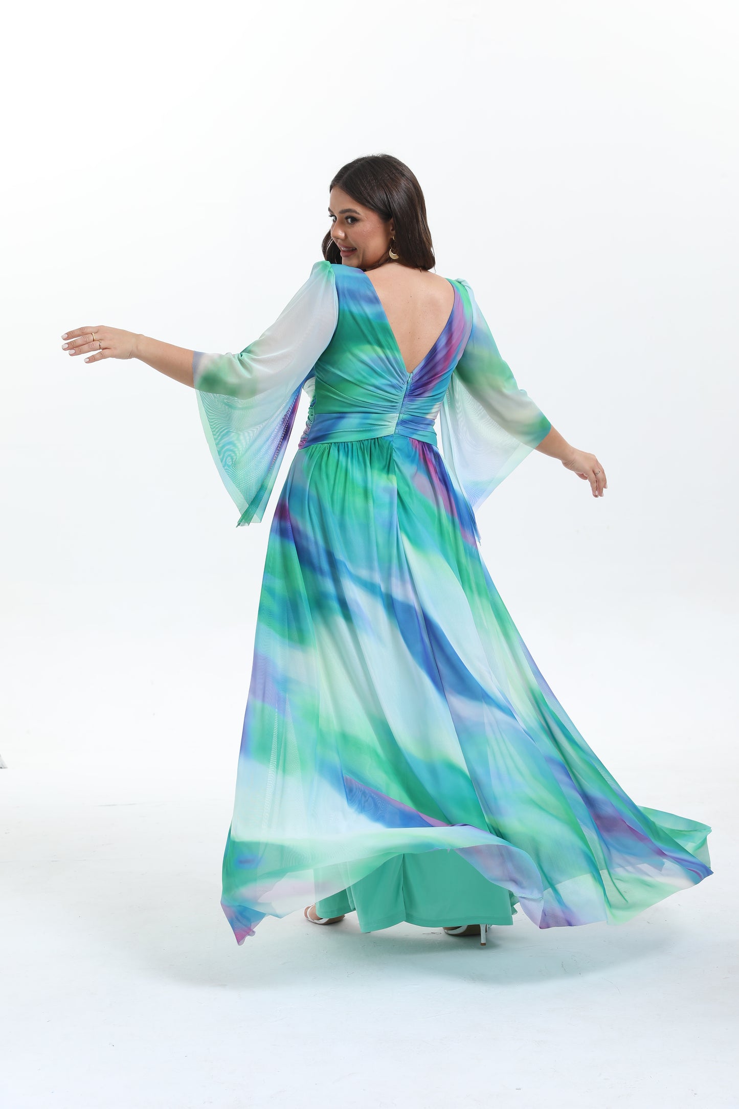Faro - Robe maxi grande taille imprimée élégante et tendance à manche longue évasée