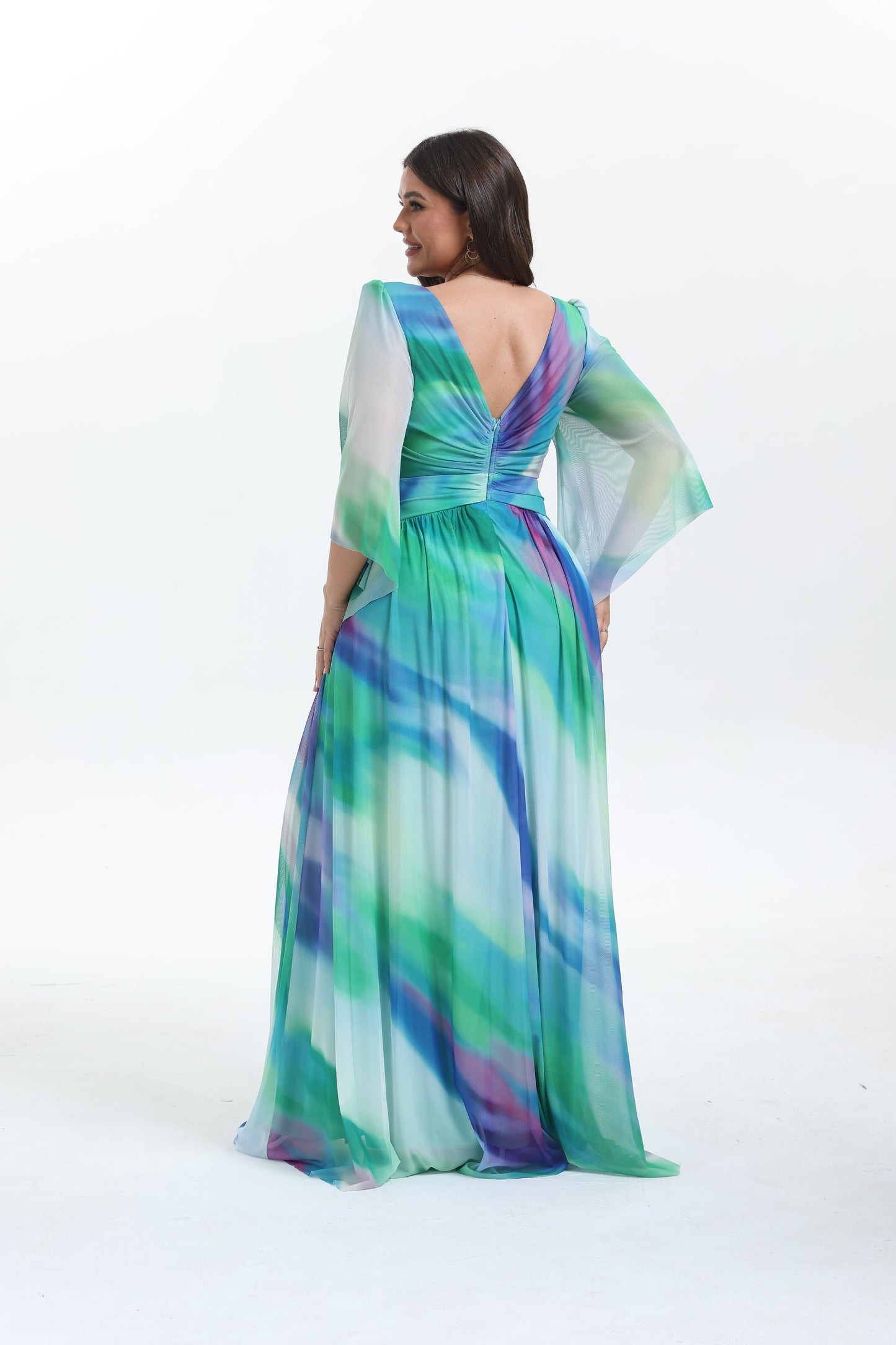 Faro - Robe maxi grande taille imprimée élégante et tendance à manche longue évasée