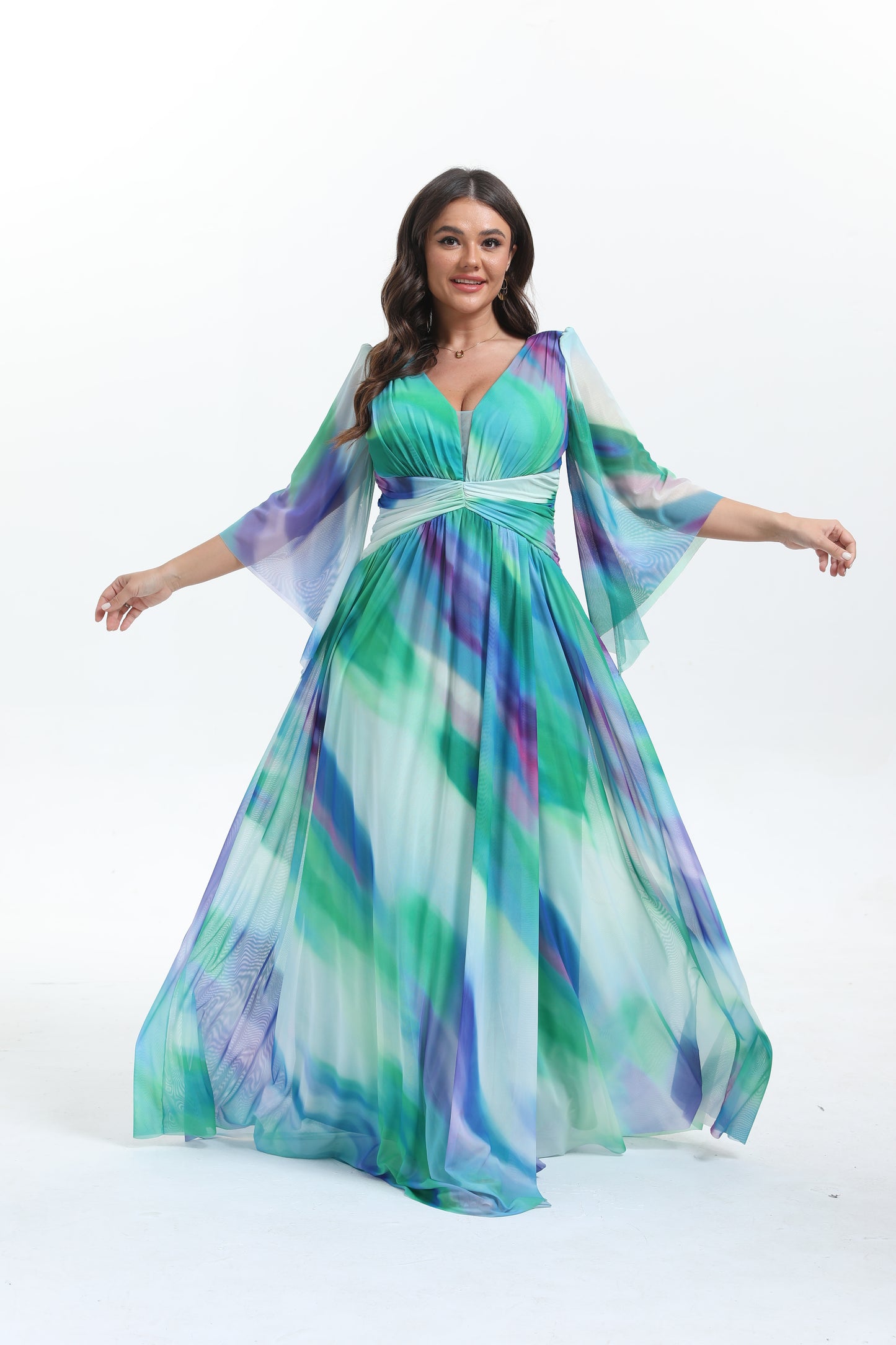 Faro - Robe maxi grande taille imprimée élégante et tendance à manche longue évasée