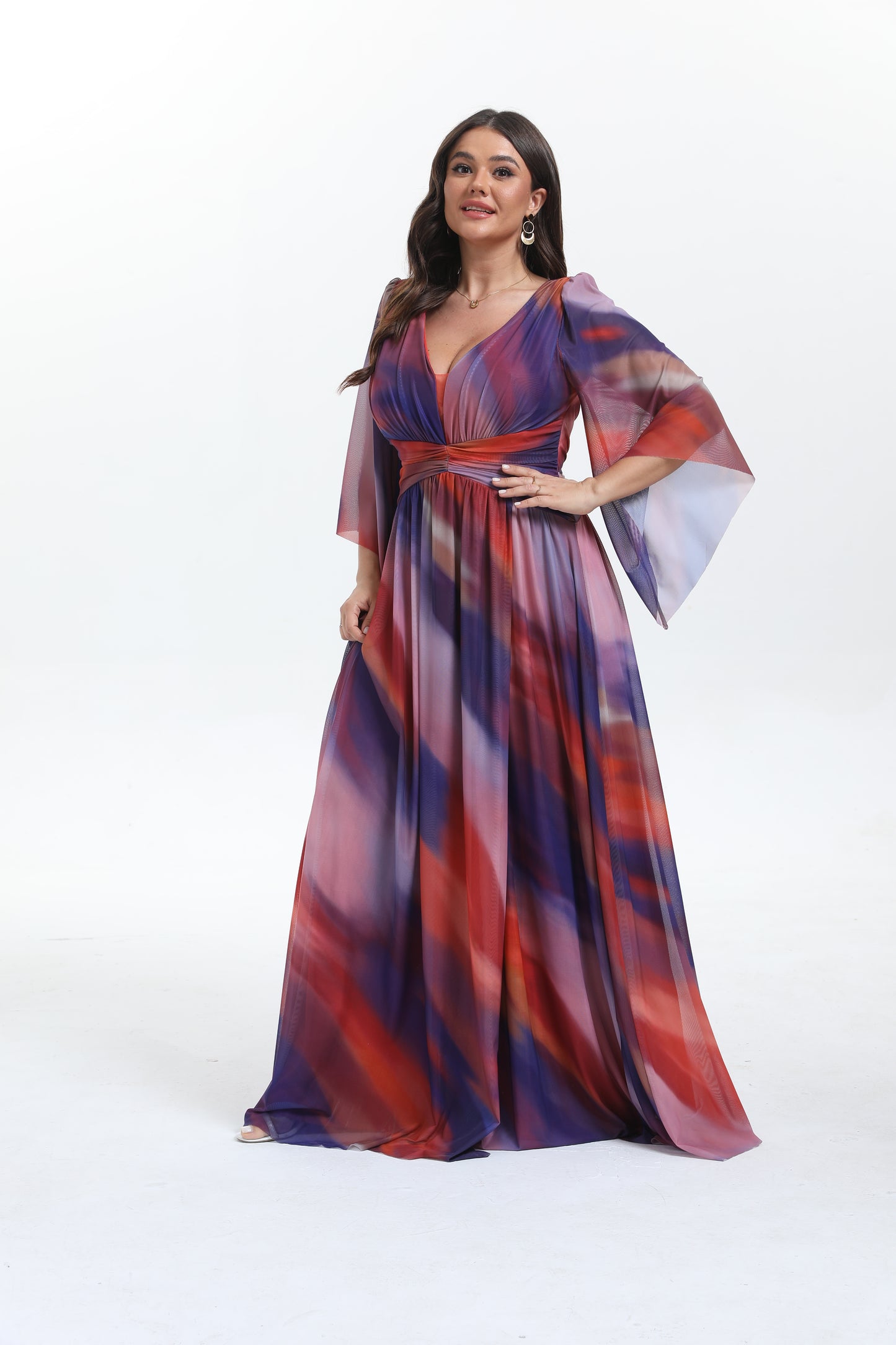 Faro - Robe maxi grande taille imprimée élégante et tendance à manche longue évasée