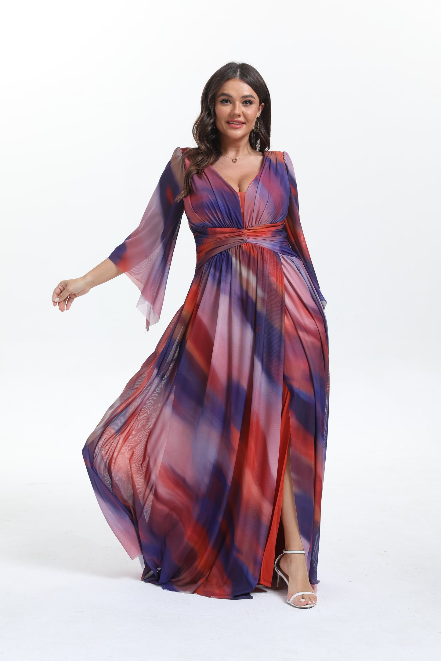 Faro - Robe maxi grande taille imprimée élégante et tendance à manche longue évasée