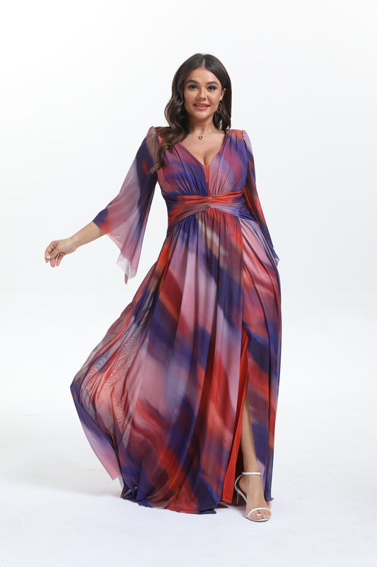 Faro - Robe maxi grande taille imprimée élégante et tendance à manche longue évasée