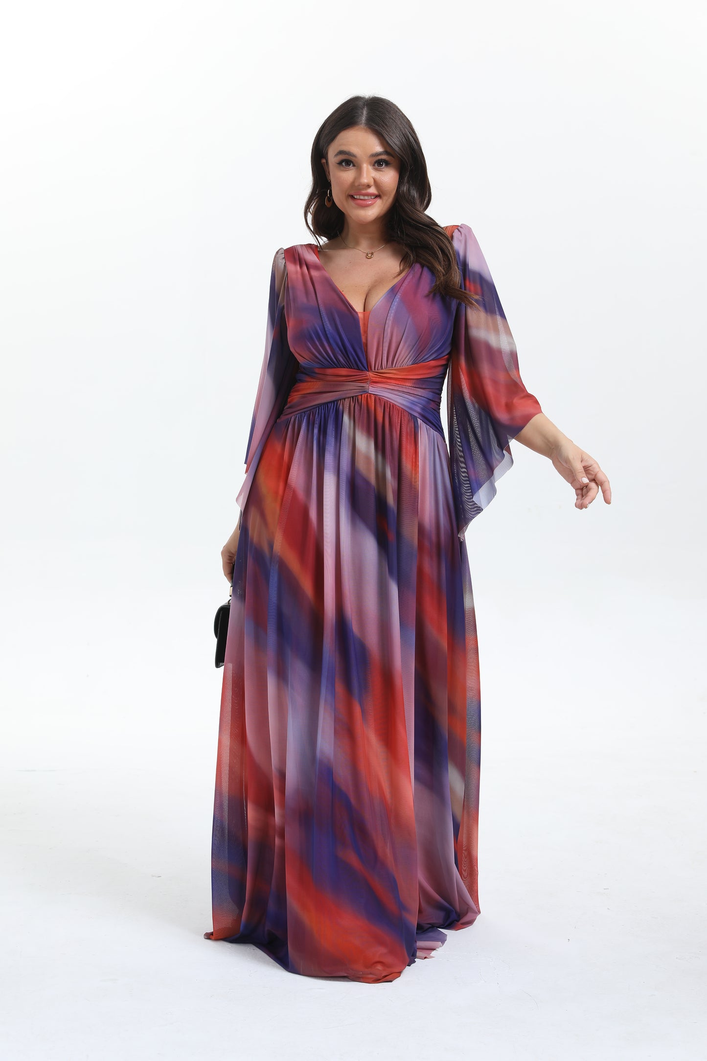 Faro - Robe maxi grande taille imprimée élégante et tendance à manche longue évasée