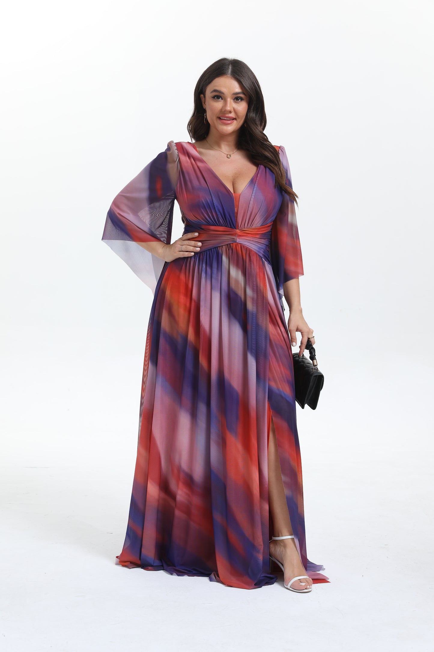 Faro - Robe maxi grande taille imprimée élégante et tendance à manche longue évasée