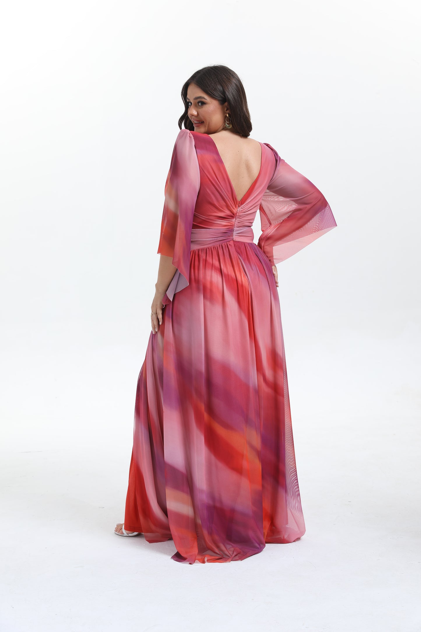 Faro - Robe maxi grande taille imprimée élégante et tendance à manche longue évasée