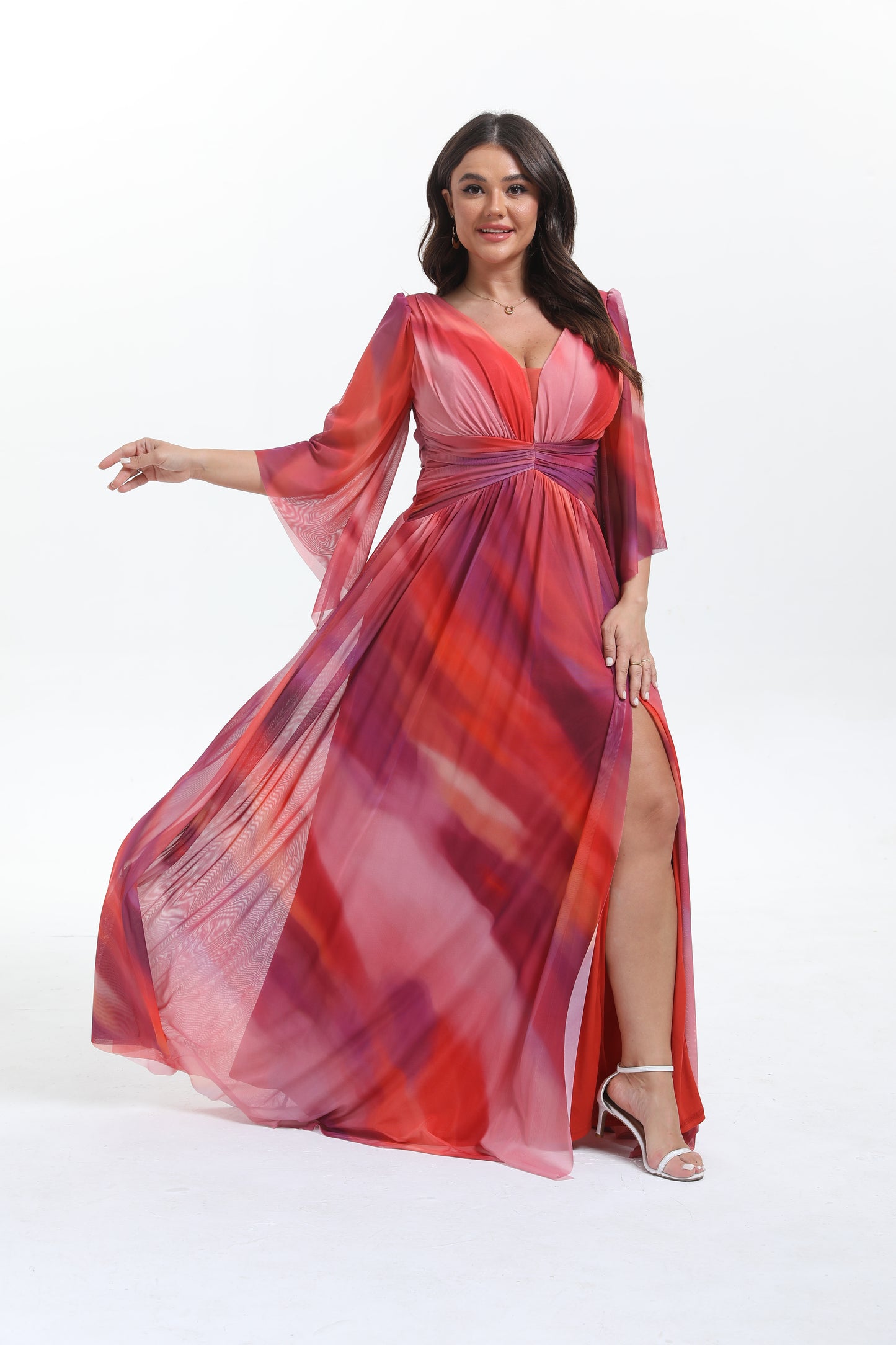 Faro - Robe maxi grande taille imprimée élégante et tendance à manche longue évasée