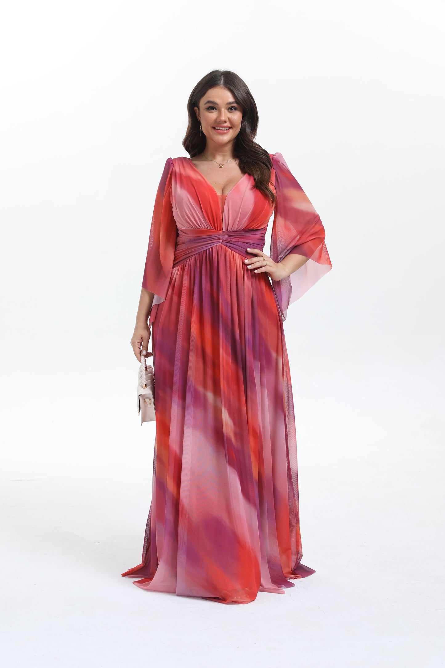 Faro - Robe maxi grande taille imprimée élégante et tendance à manche longue évasée