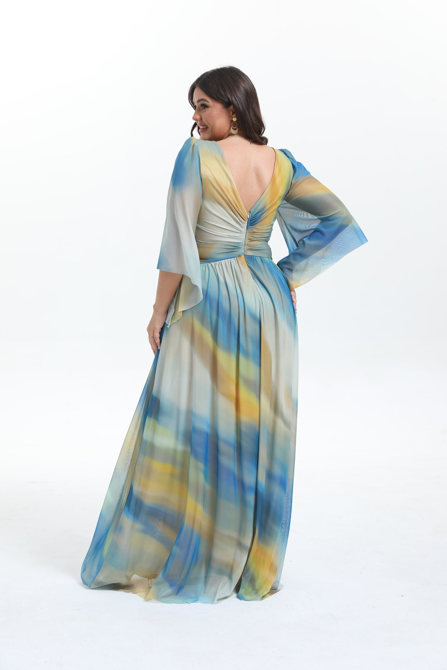 Faro - Robe maxi grande taille imprimée élégante et tendance à manche longue évasée
