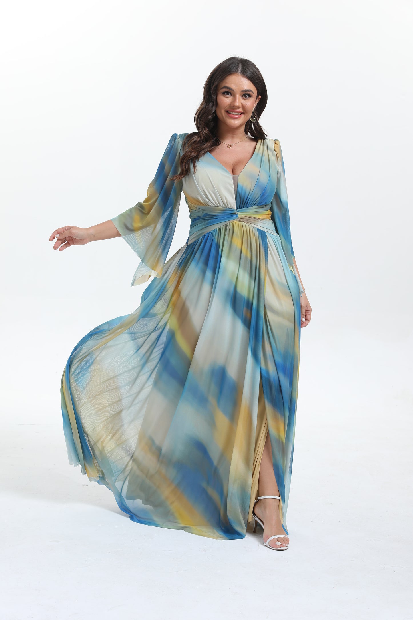Faro - Robe maxi grande taille imprimée élégante et tendance à manche longue évasée