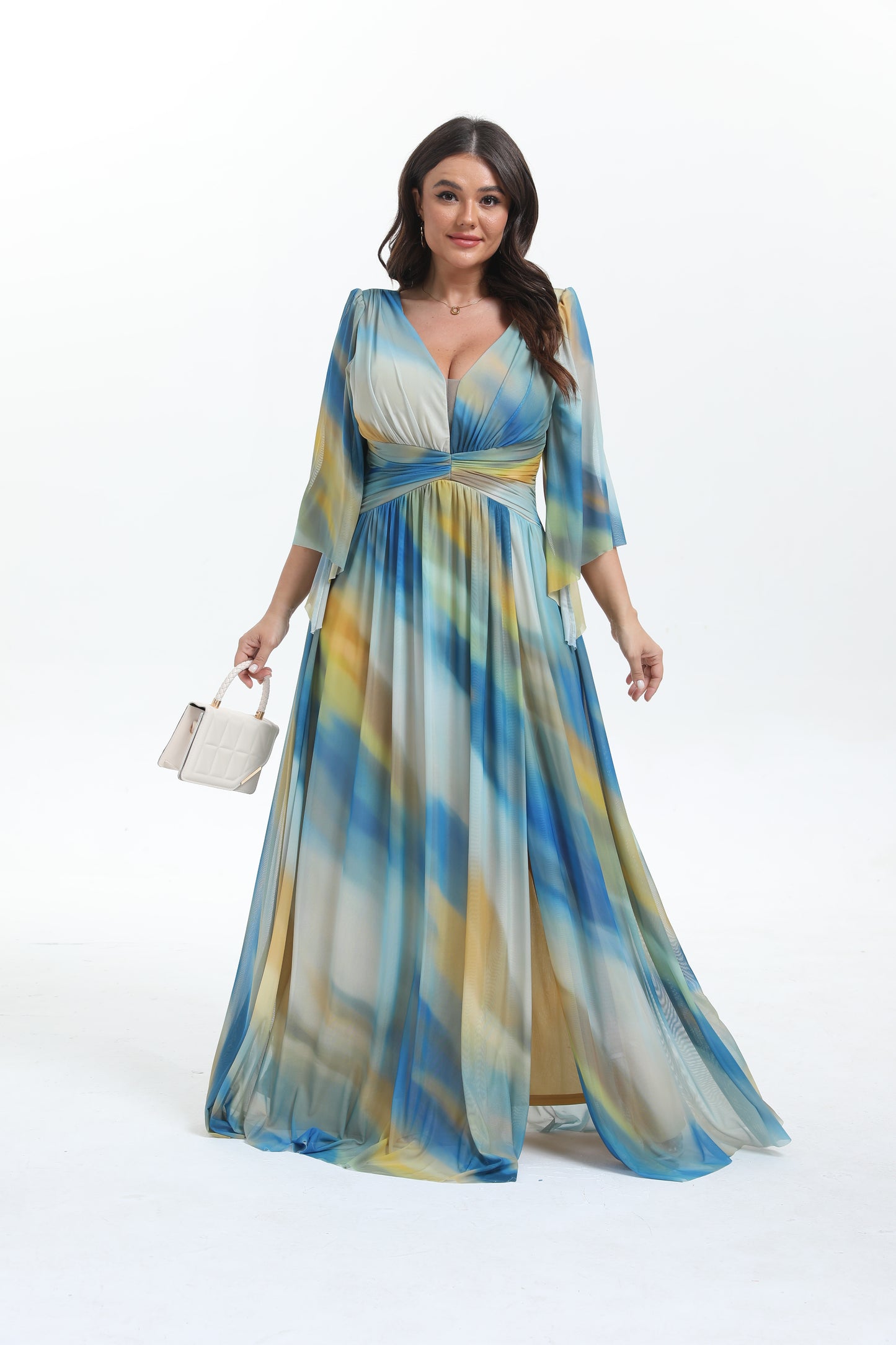 Faro - Robe maxi grande taille imprimée élégante et tendance à manche longue évasée
