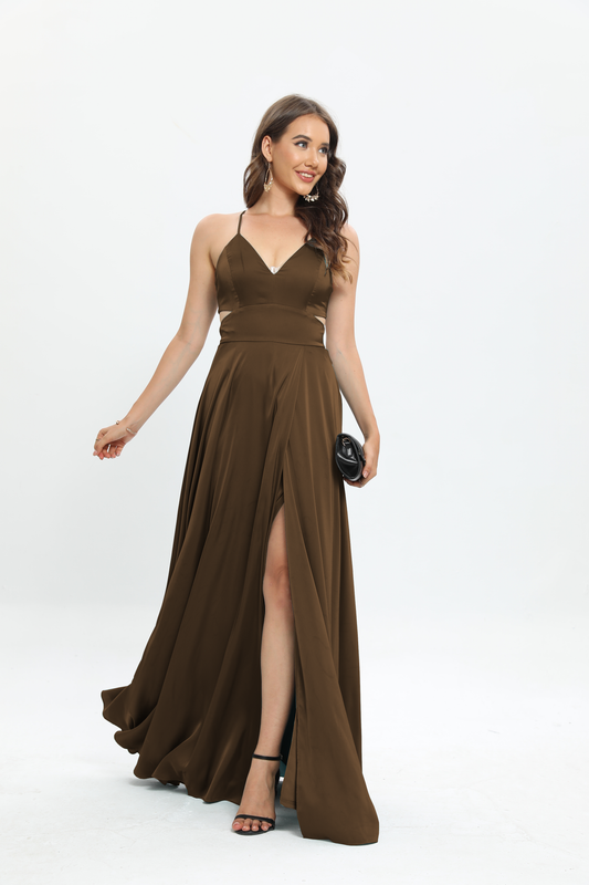 Milos - Robe de soirée en satin, permettant le dos nu, et dotée d'une fente