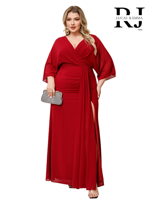 Bergen - Robe grande taille avec manche longue évasée et col en V avec drap sur coté gauche