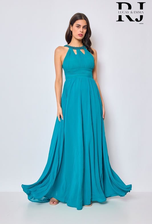 Aukland - Robe de soirée simple avec un licou orné de perles et détail au dos