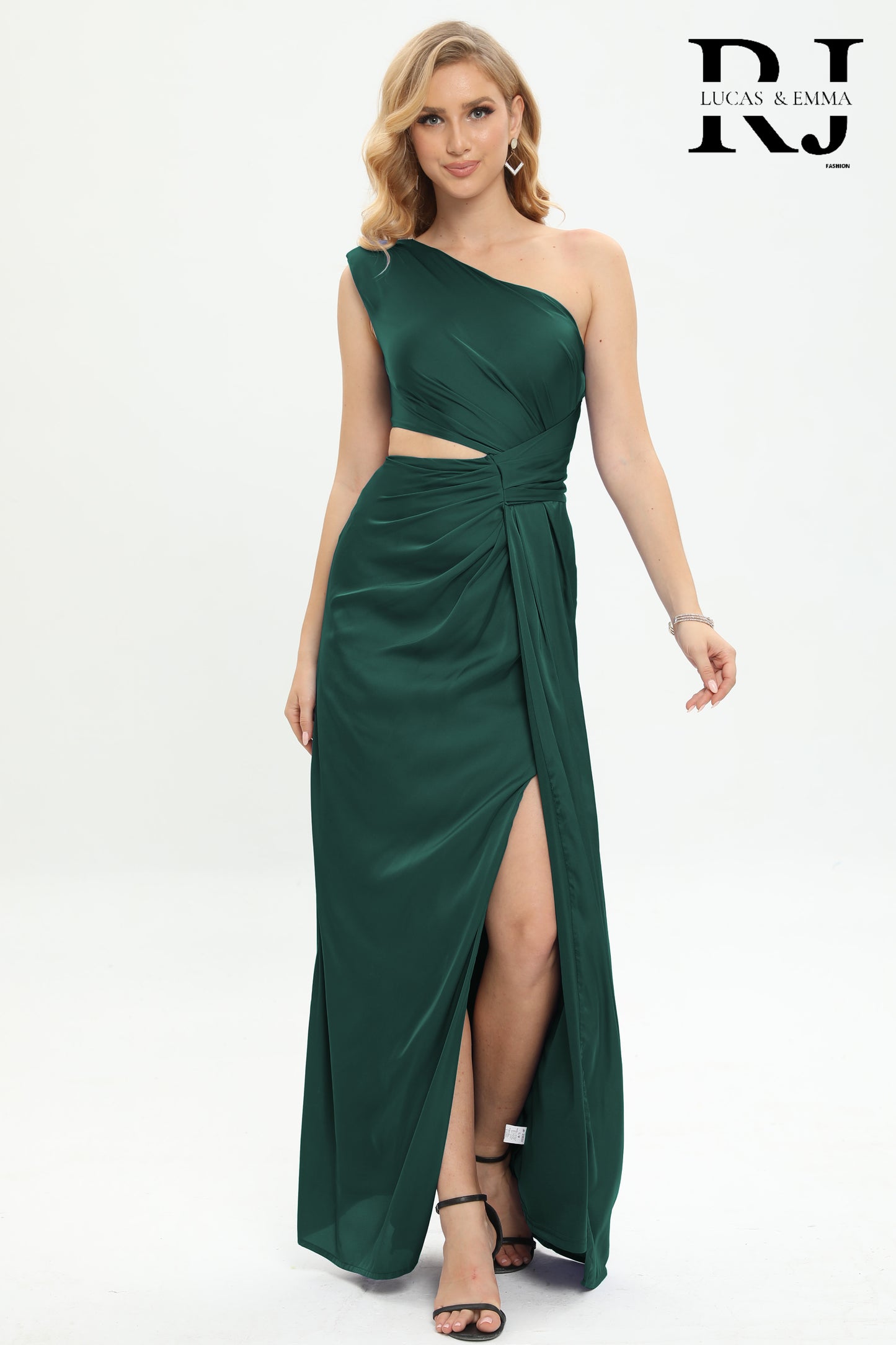 Melbourne - Robe longue asymétrique satinée avec découpe sur le coté et agrémentée d'une fente
